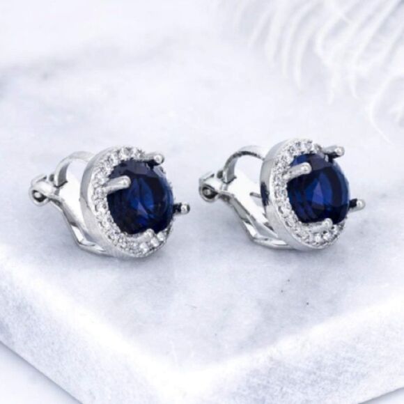 8mm Simulated Sapphire Clip On Stud Earrings - Picture 2 of 7